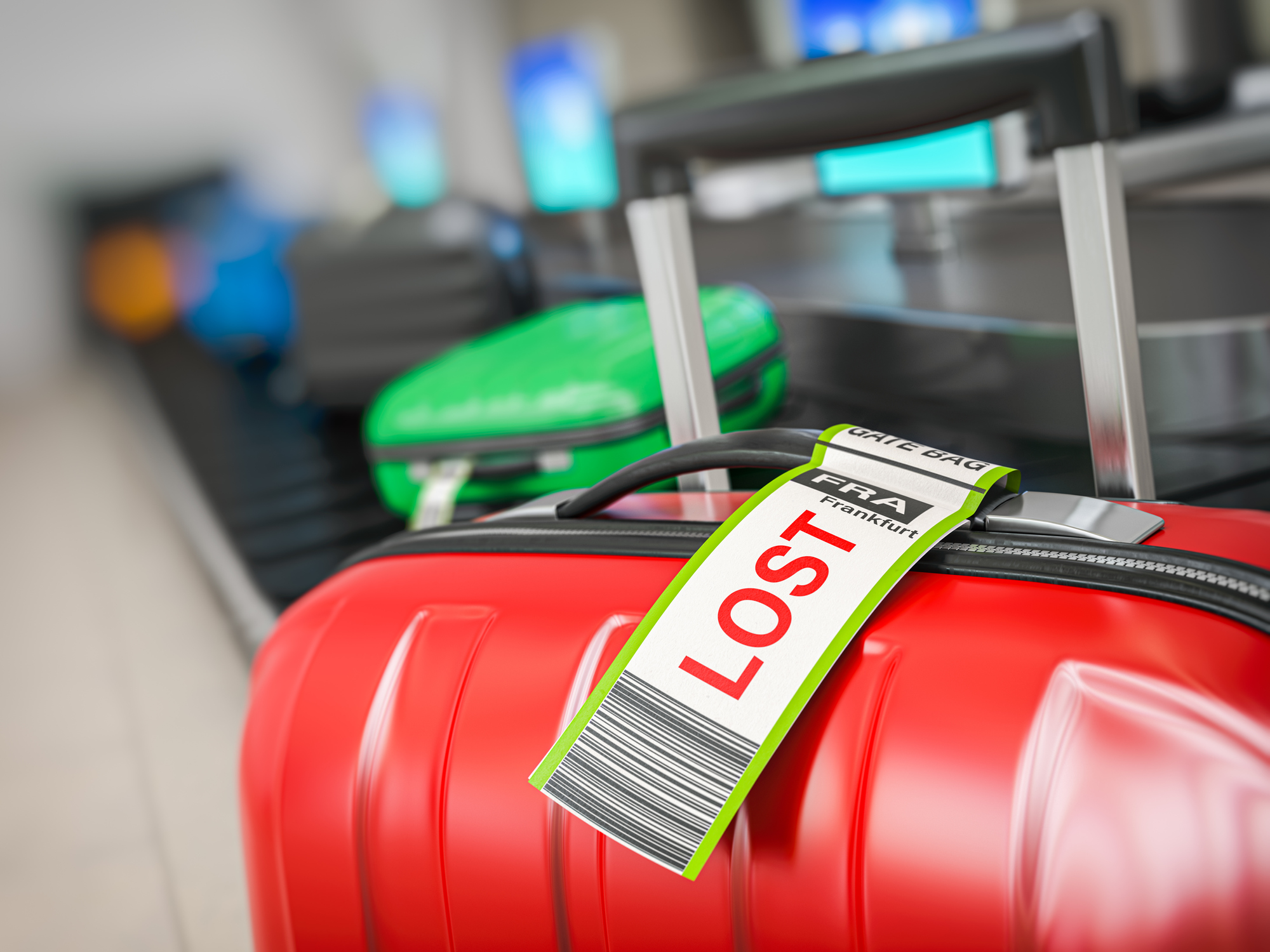 Im Vordergrund steht ein Koffer mit einem Bag Tag auf dem „LOST“ steht, im Hintergrund fahren weitere Koffer auf einem Gepäckband.