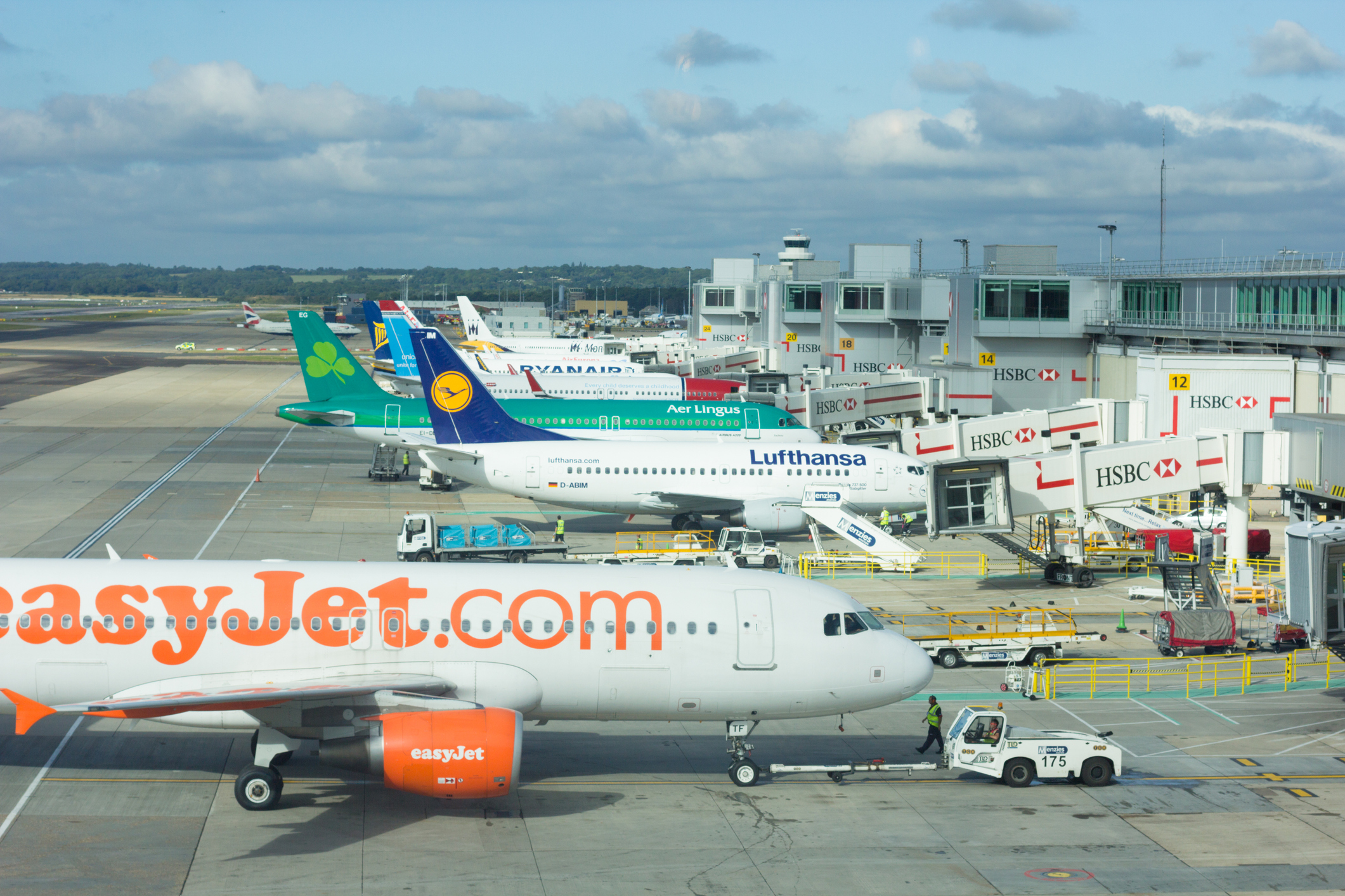Mehrere Flugzeuge unterschiedlicher Airlines stehen hintereinander an ihren jeweiligen Gates.